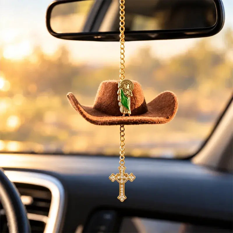 🤠✝️ Colgante para Coche con Sombrero Vaquero y Cruz | Decoración para Espejo Retrovisor con Cordón