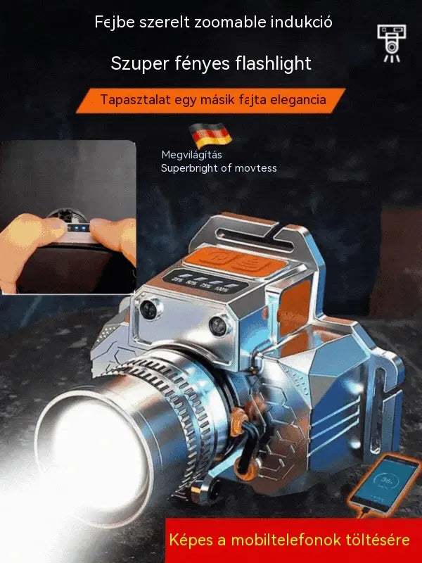 Ultrafényes, nagy hatótávolságú LED fejlámpa: állítható zoom, USB töltés és telefontöltési lehetőség.