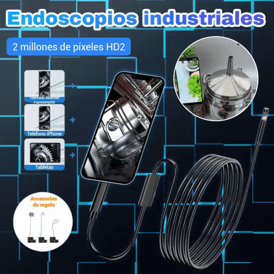 Endoscopio industrial, tipo C compatible con Apple y Android, doble lente de alta definición, conexión directa a teléfono inteligente.