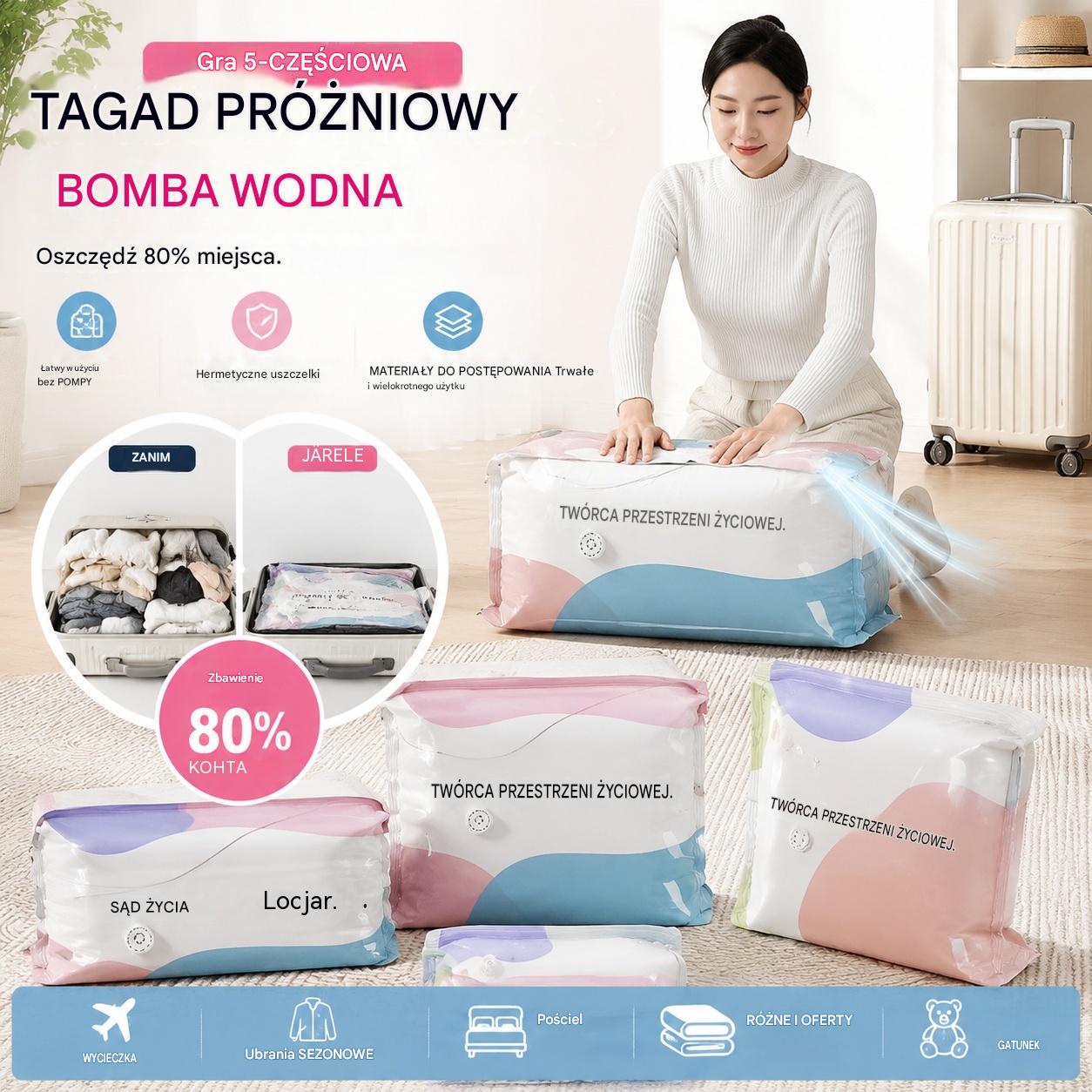 🧳【Zestaw 5 sztuk】💨 Duży, kompresyjny worek próżniowy: Nie wymaga pompki, jest szczelny i idealny do oszczędzania miejsca w walizkach oraz w domu ✈️