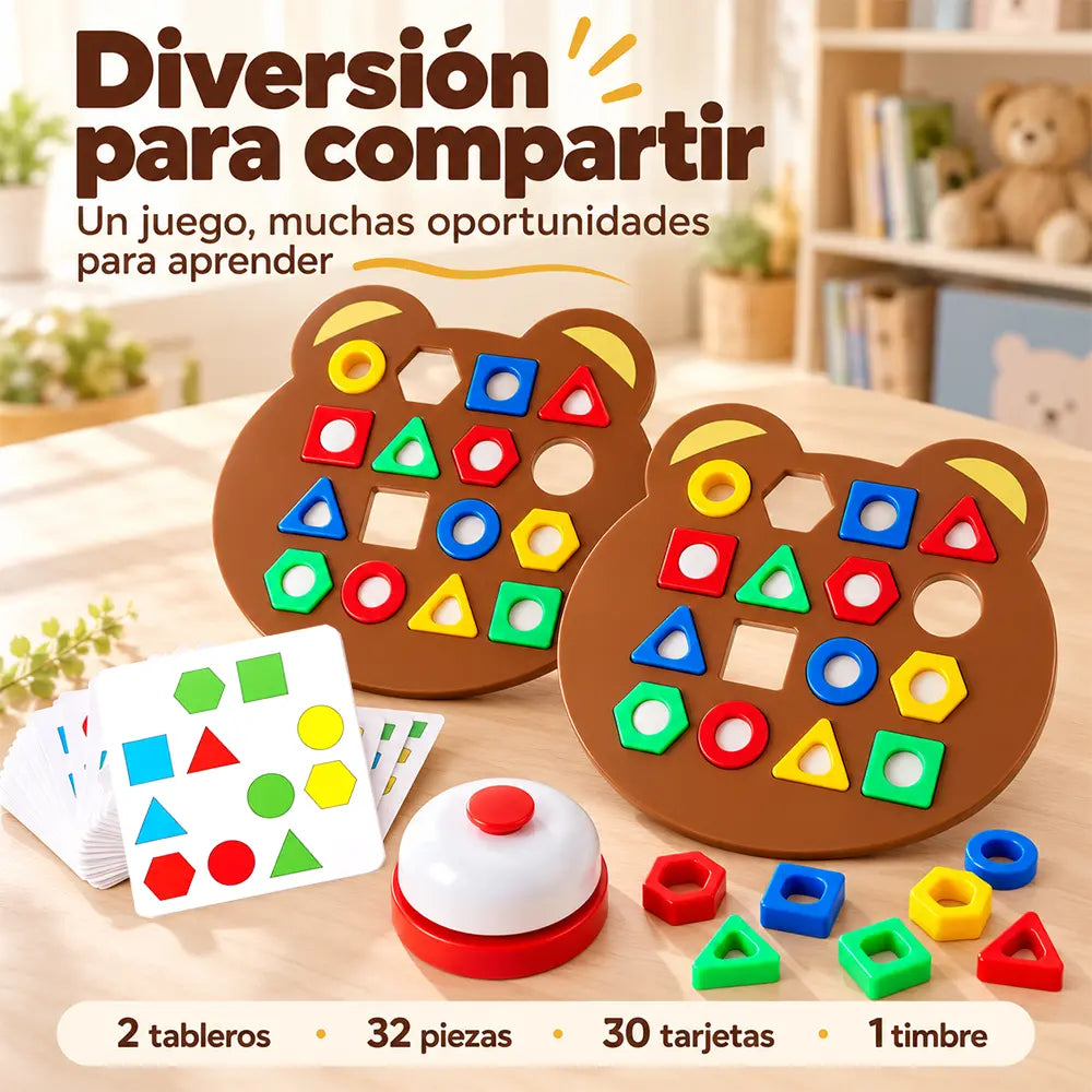 Juego de mesa educativo para el desarrollo en la primera infancia: asociación de formas con bloques geométricos y juego interactivo cara a cara.