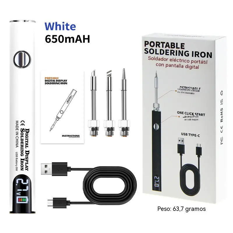 Soldador USB inalámbrico con pantalla digital, temperatura ajustable, calentamiento rápido e indicador de encendido; una herramienta electrónica para reparaciones.
