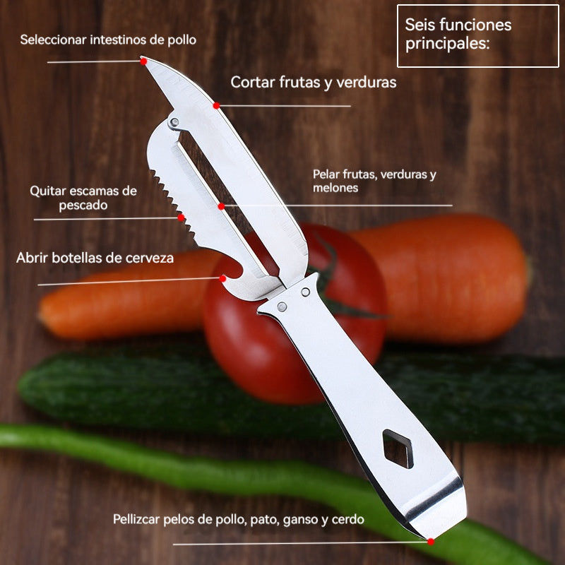 💖【3 artículos】🧅🔪 Pelador de cocina multifuncional 6 en 1: ¡Pela, corta verduras, extrae las vísceras, descama, despluma y abre botellas! 🔥