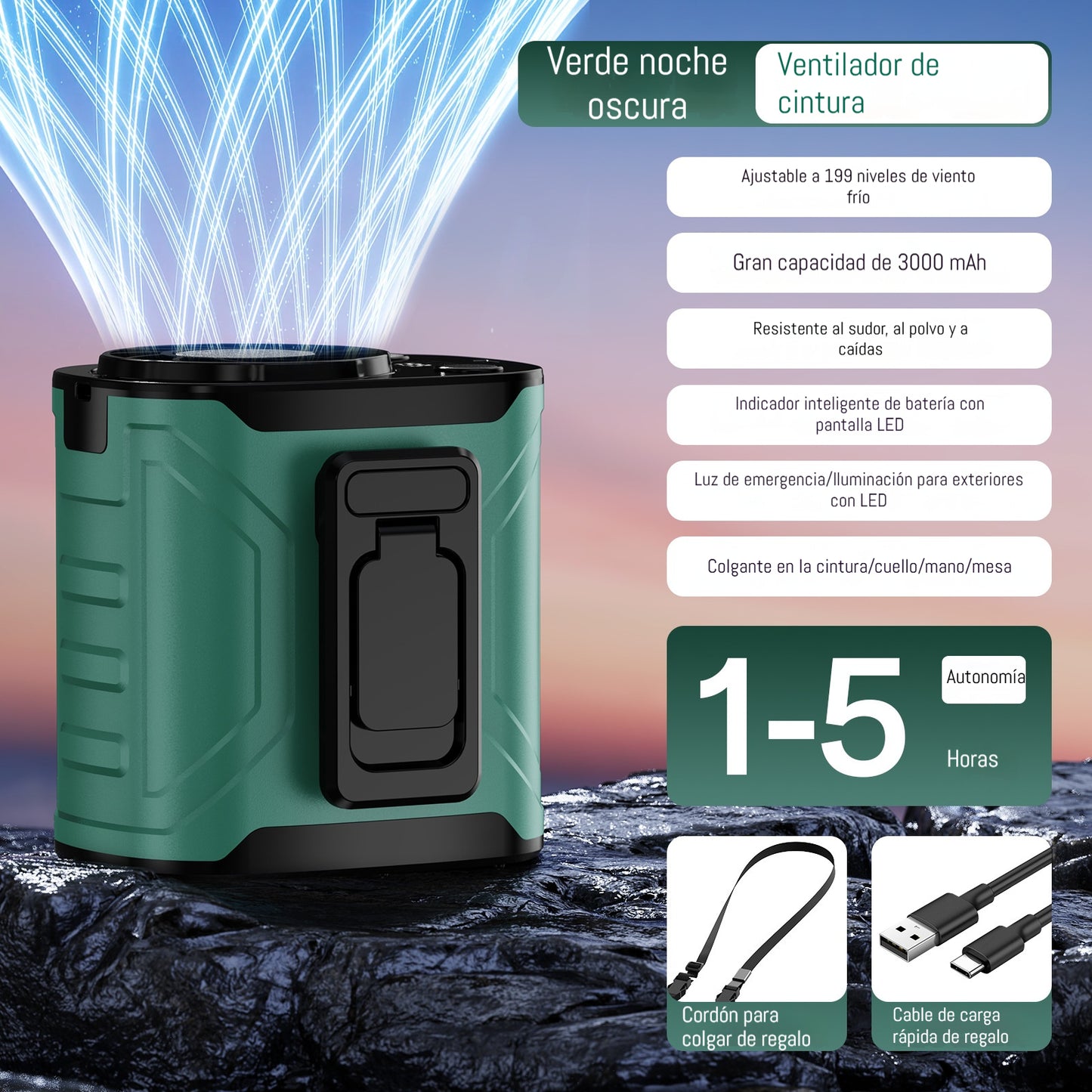 👍【Motor de alta velocidad + iluminación + 199 ajustes de velocidad del viento + pantalla digital inteligente】Ventilador eléctrico montado en la cintura