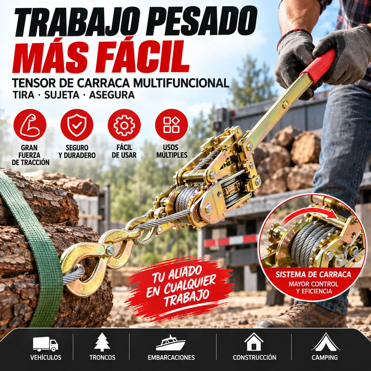 Cabrestante Extractor de Cable de Acero de 2 Toneladas con 2 Ganchos – ¡Mueve Cargas Pesadas con Menos Esfuerzo!