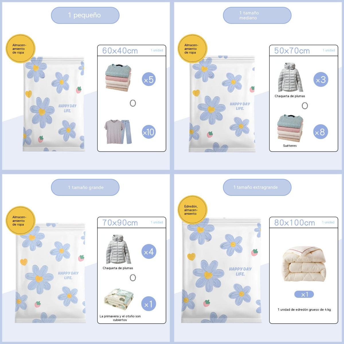 🧳【Juego de 4 piezas】💨 Bolsas de almacenamiento al vacío compresibles de gran capacidad: diseño a prueba de fugas, ideal para ahorrar espacio en tu maleta y en casa ✈️