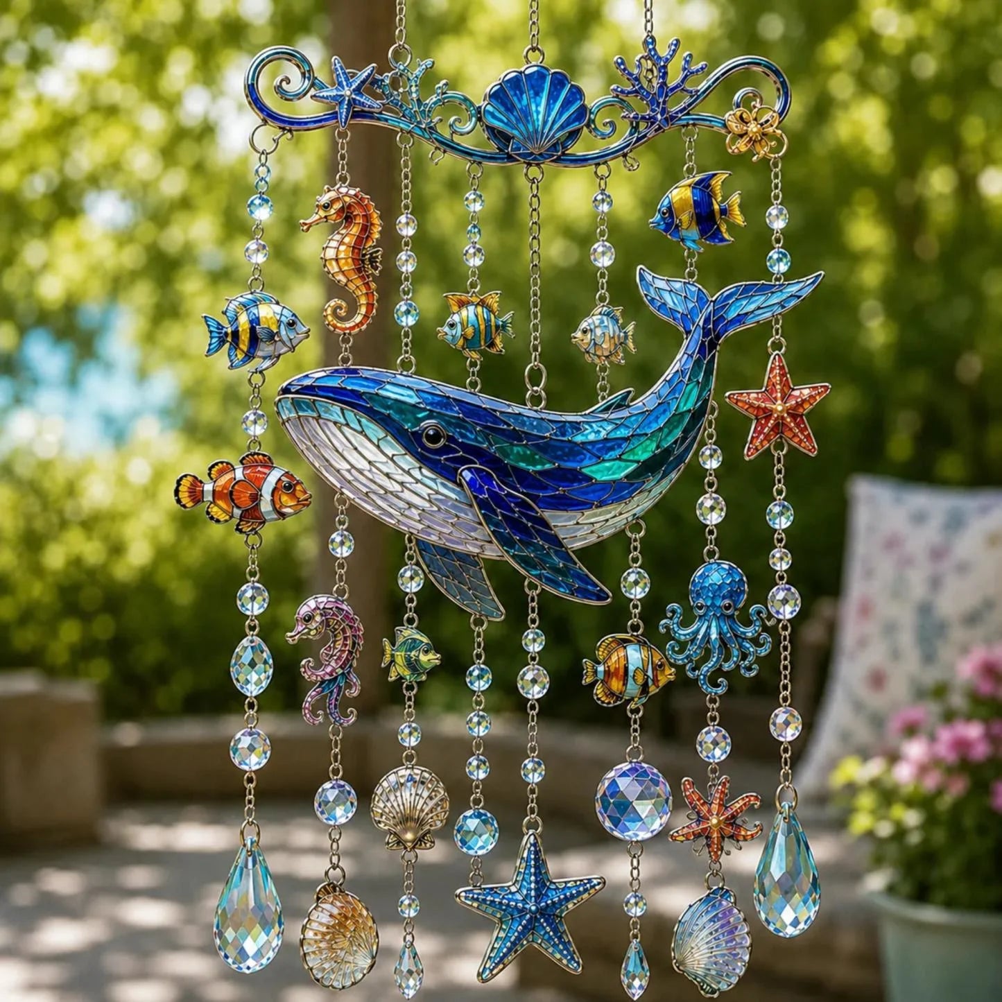 🌊💎 Carrillón de viento de cristal con temática marina: la decoración ideal para tu jardín y balcón.