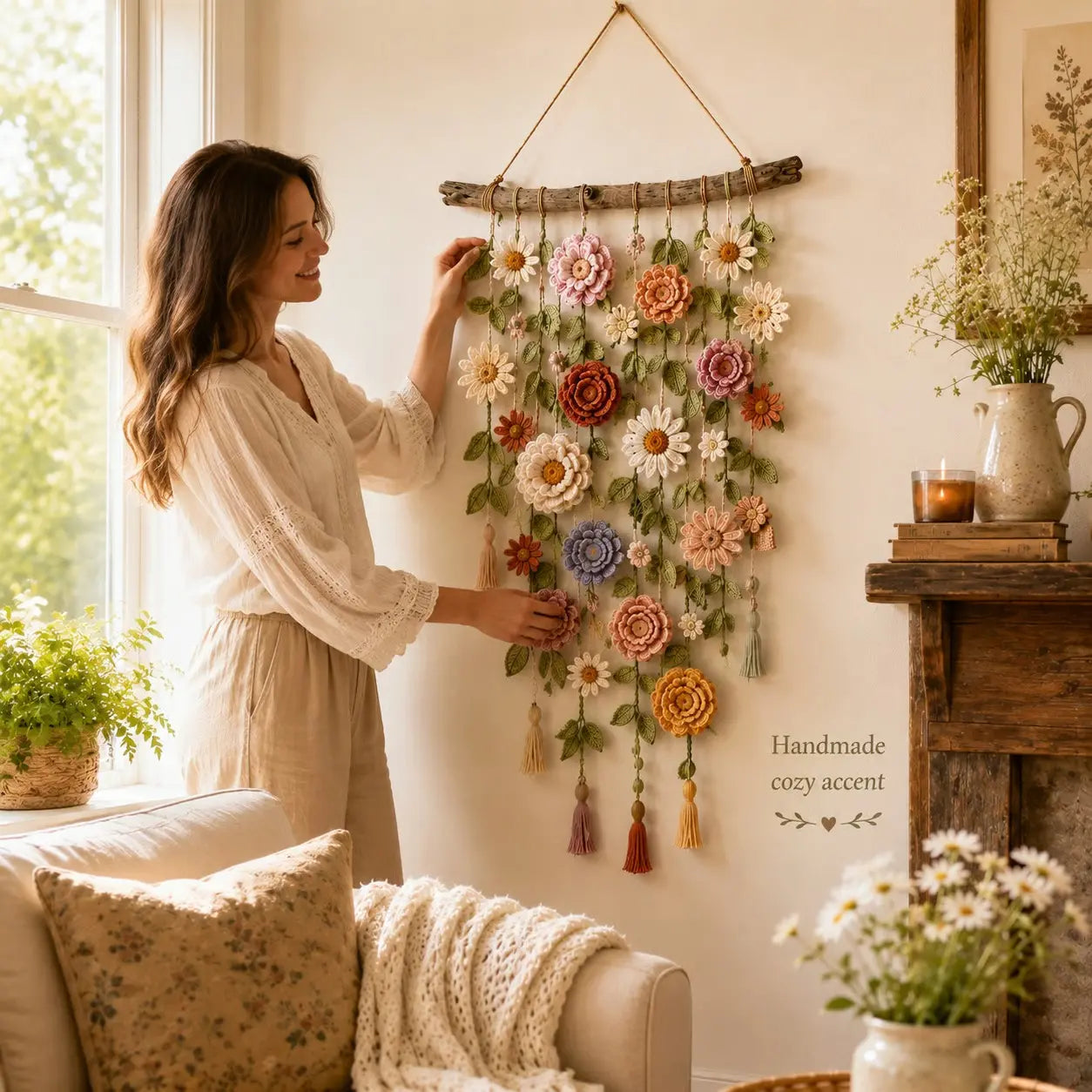 Decoración de pared estilo boho con flores de ganchillo 🌸🌿