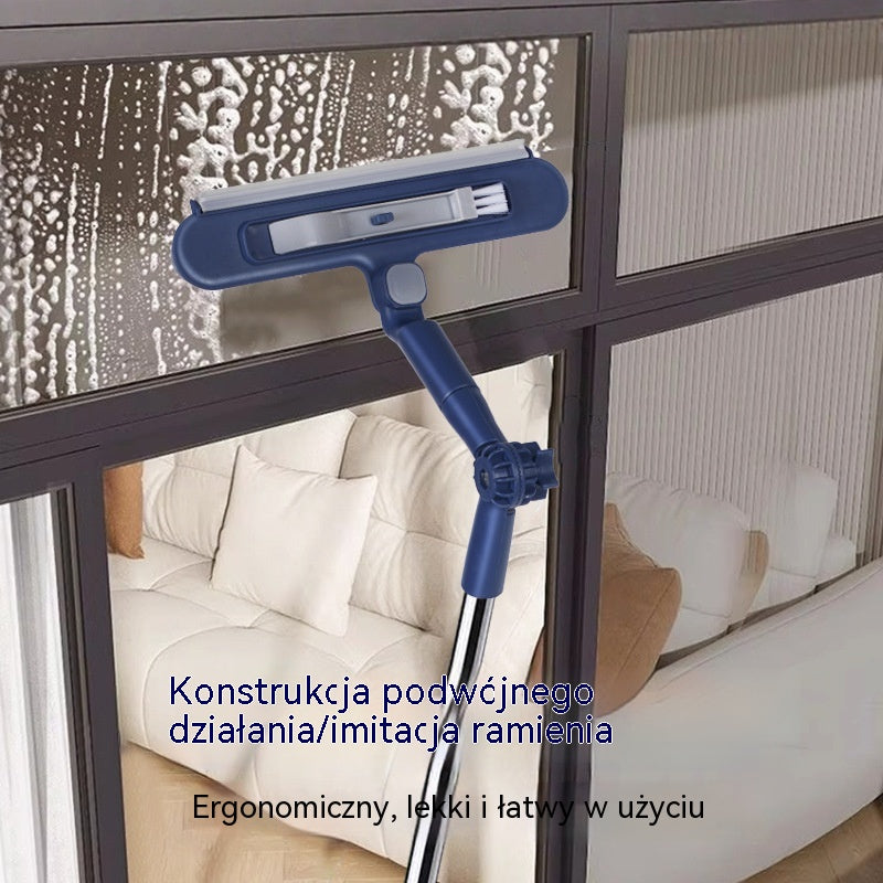 Dwustronna myjka do okien 2 w 1 z teleskopowym uchwytem, przeznaczona do mycia okien w budynkach wysokościowych.