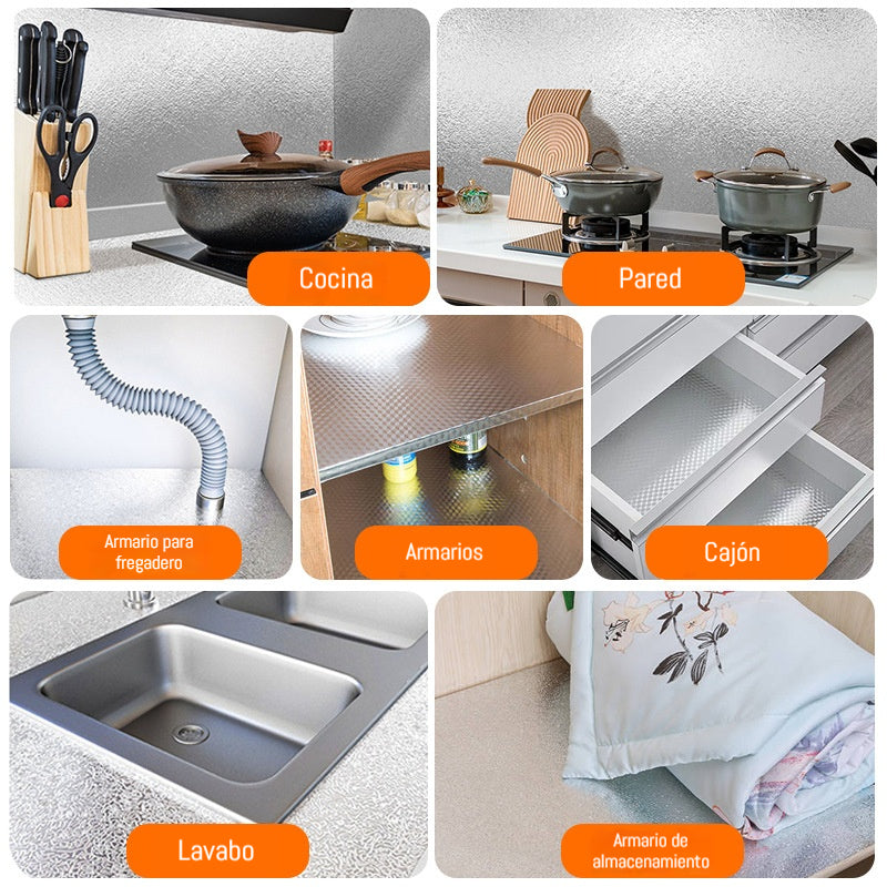 【40cm*10m】🛡️ Lámina Adhesiva de Aluminio Removible – Antigrasa, Resistente al Calor y Fácil de Limpiar