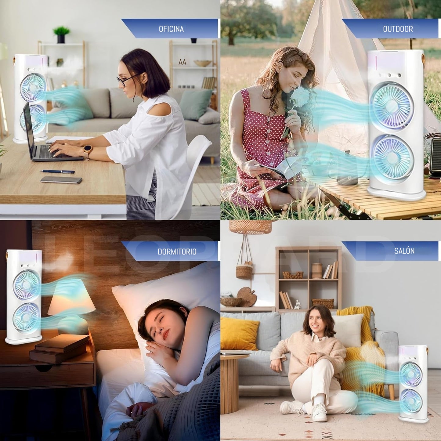 🌬️💦🔥Miniventilador recargable de doble cabezal y tres orificios con control remoto para refrigeración y nebulización.