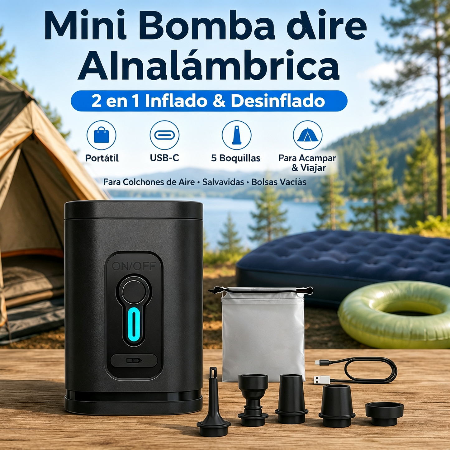 1 unidad 30 euros 🏕️ Bomba de aire recargable para camping – luz LED, inflado rápido, compacta y portátil