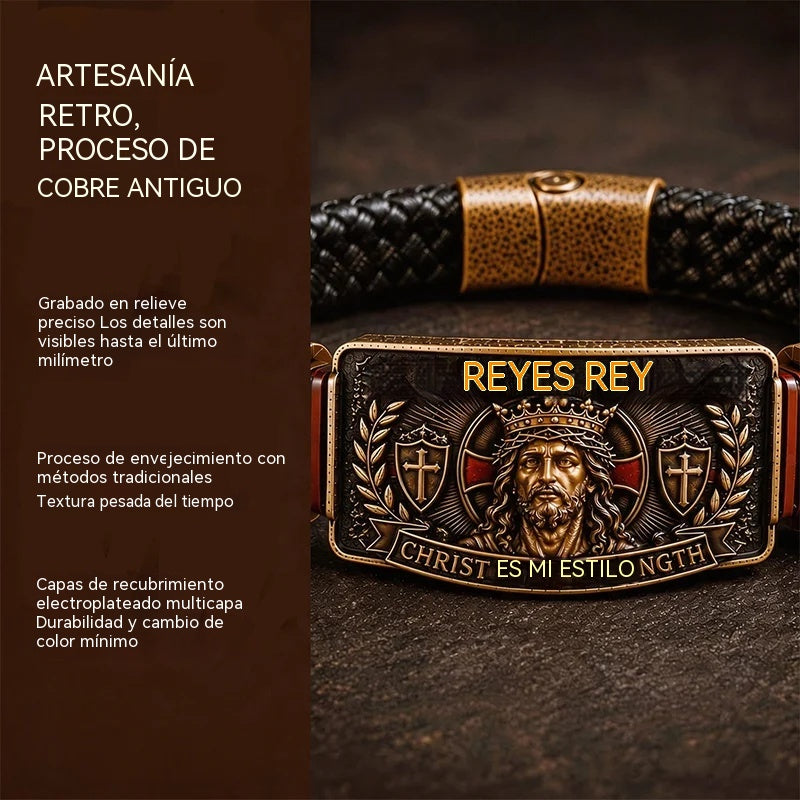 Pulsera cristiana ajustable para hombre, de cuero trenzado con mensaje religioso sobre Jesús; joya de estilo retro y vintage, ideal como regalo conmemorativo.