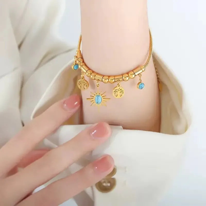✨🔥 Collar y pulsera retro de turquesa con diseño de girasol en estilo bohemio.