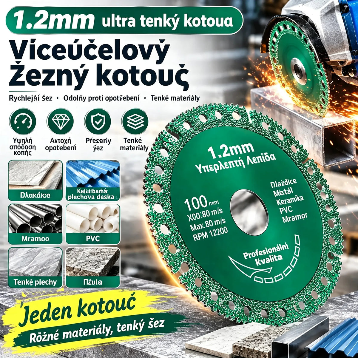【2 kusy za 560 Kč】Víceúčelový kompozitní řezný kotouč pro úhlové brusky – vhodný na dlaždice, ocelové střešní krytiny, kov, PVC, sintrovaný kámen a mramor.