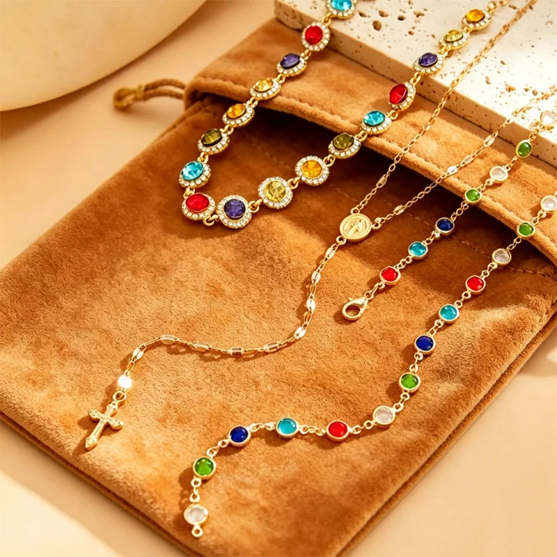 ✨ Višeslojna ogrlica s križem i šarenim kamenjem za žene | Elegantni boemski nakit, modni dodatak sa šarmom i zaštitom ✨