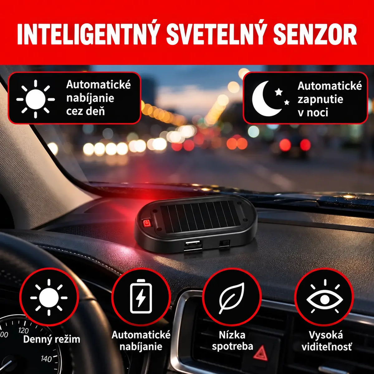 🔈2 kus za 20 €,🚗Solárne LED výstražné svetlo proti krádeži — automatické blikanie v noci, bez káblov, dostupné v bielej a čiernej farbe.