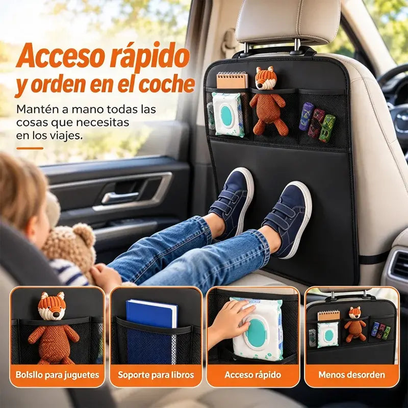 ⏳Oferta por tiempo limitado⏰ Organizador para el respaldo del asiento del coche con bolsillos de almacenamiento y protector contra patadas — Gran capacidad, ahorra espacio, tejido Oxford resistente 🚗