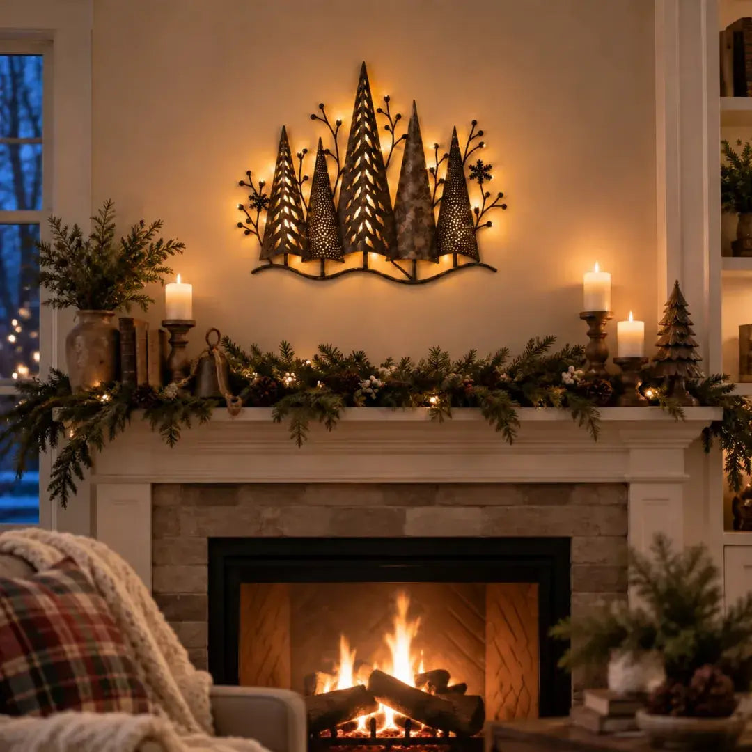 🎄🕯️ Osvetljena kovinska stenska dekoracija z gozdnim motivom in pridihom vintage sloga 🌙