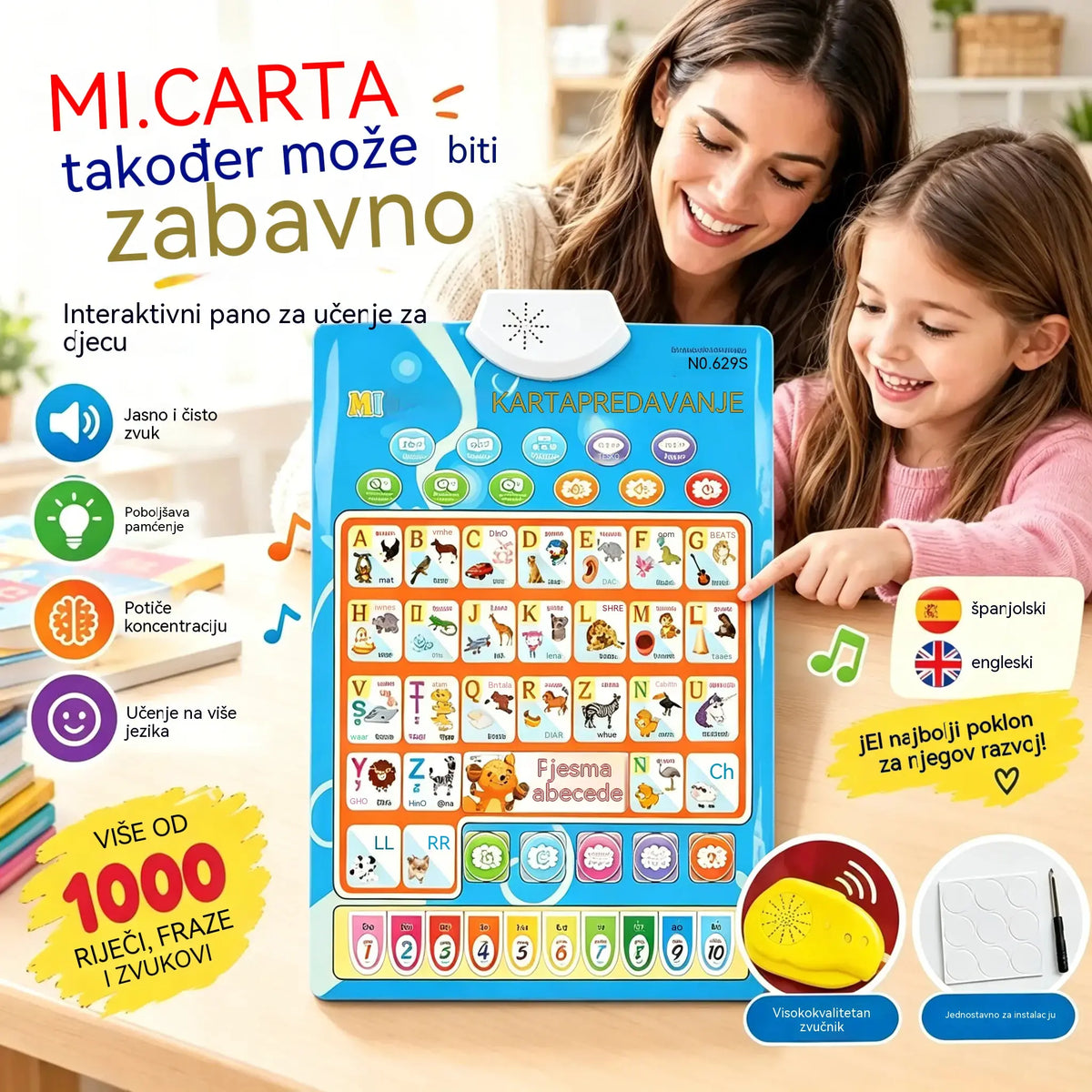 🔊 Edukativni zidni poster koji govori | Glasovi slova (26/27 slova) | Luksuzni poklon-set za djecu 🎁