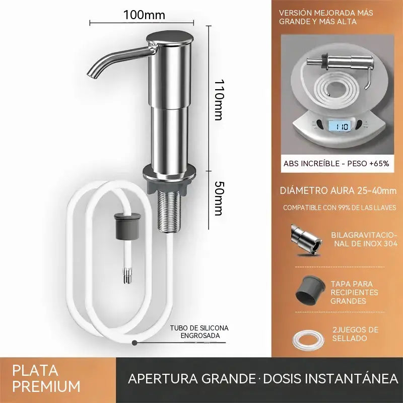 Dispensador de jabón y detergente integrado para fregadero de cocina, fabricado en acero inoxidable de primera calidad, con tubo extensible directo al cristal y bola de gravedad 304, bombeo rápido.