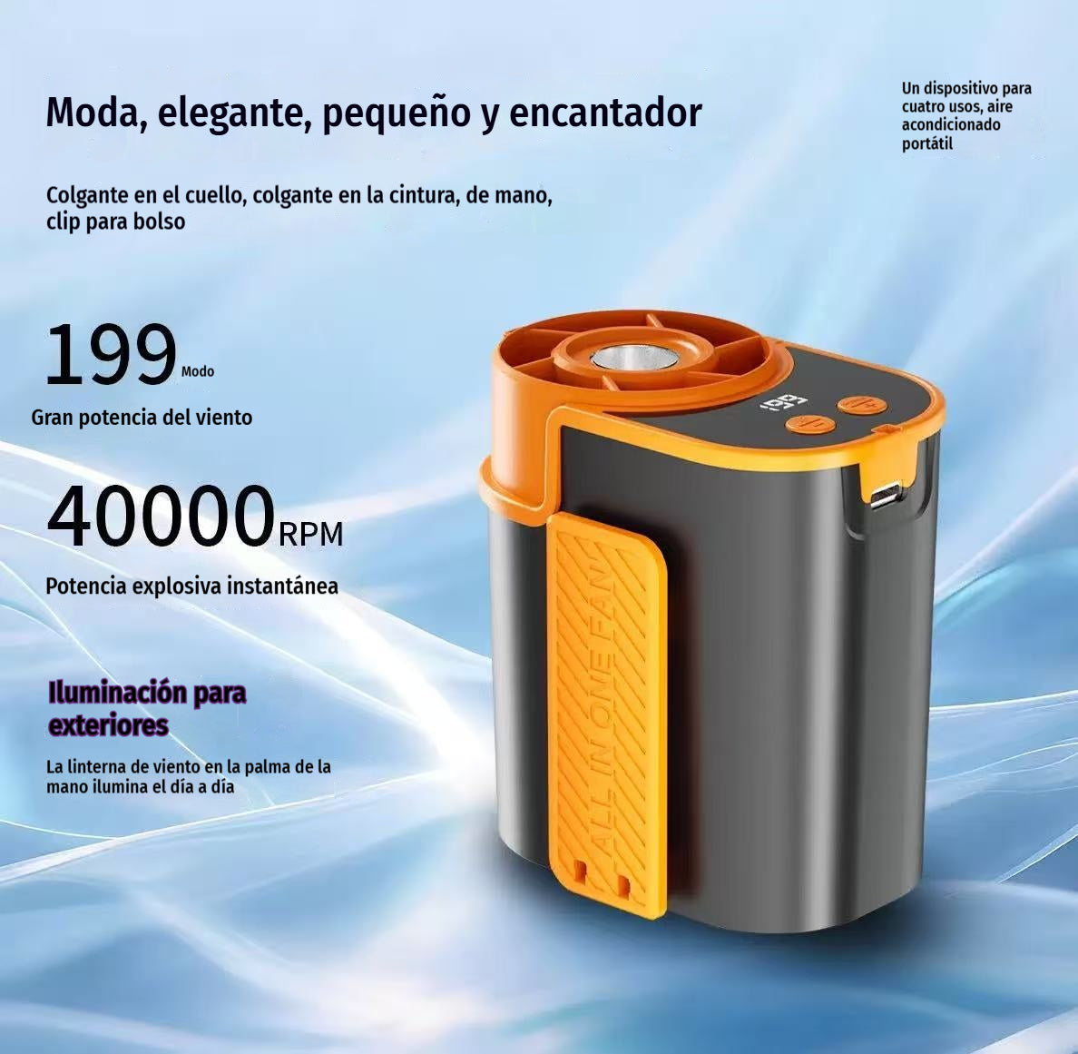 🌀 Ventilador manos libres con pantalla LED, clip integrado y 199 niveles de ajuste