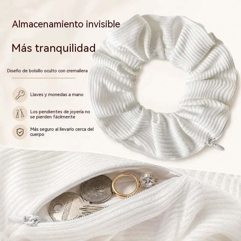 【3 pieza】Nueva goma para el pelo plisada con cremallera y bolsillo de almacenamiento oculto--Uno de cada color