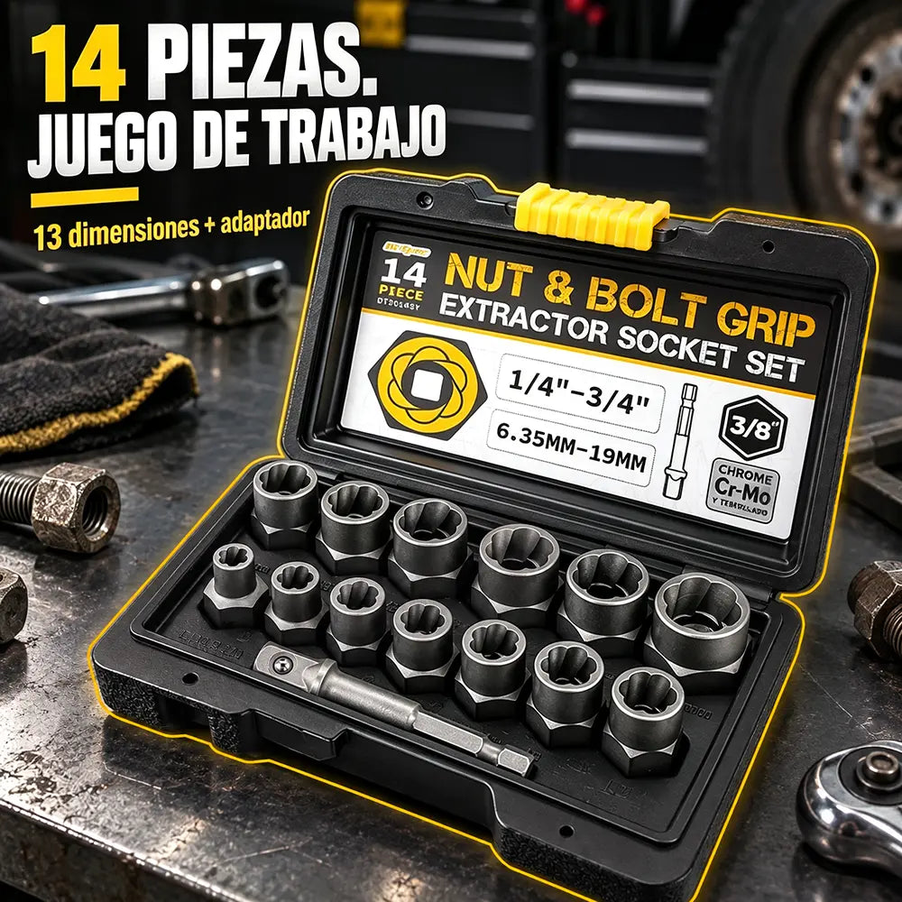 🔧 Kit de 14 Vasos Extractores de Tuercas y Tornillos | Vasos Antideslizantes para Tornillos Oxidados, Dañados o Pasados de Rosca