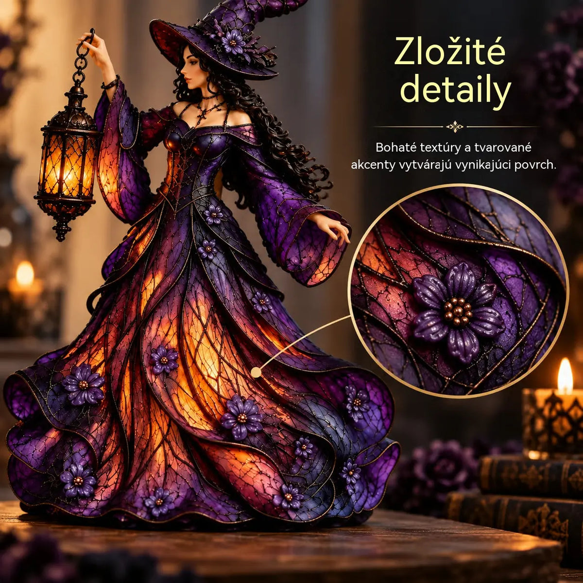 🧙♀️ Gotická figúrka halloweenskej čarodejnice s LED lampášom 🧙♀️