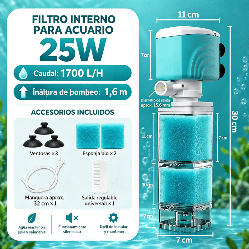 🐠💧 Filtro Interno 3 en 1 para Acuario | Aspirador de Residuos, Bomba de Agua, Oxigenación y Circulación