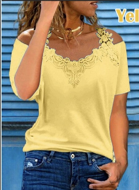 💖🌈【S-5XL】Nueva camiseta de manga corta con cuello en V y encaje de algodón puro 2026