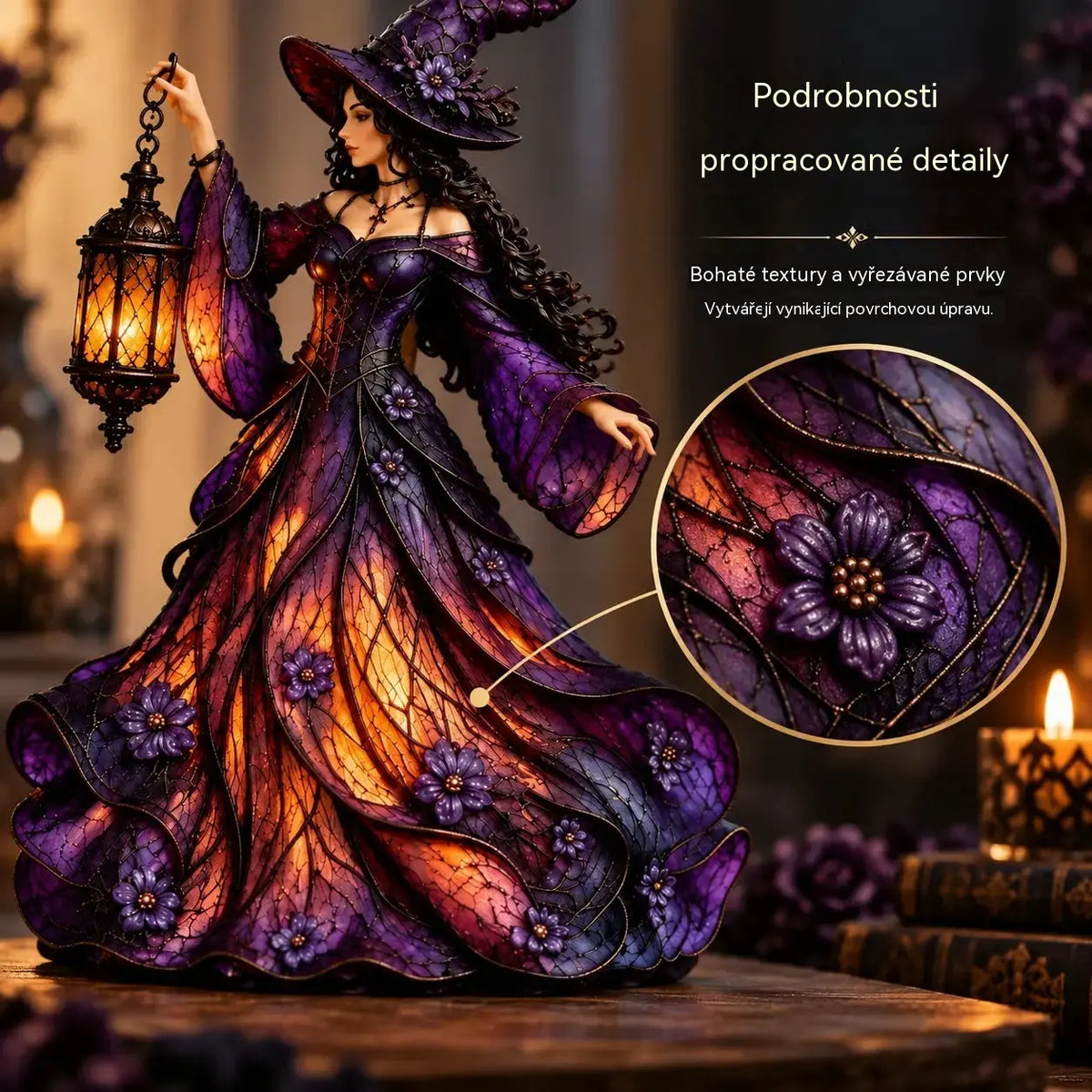 🧙♀️ Gotická halloweenská figurka čarodějnice s LED lucernou 🧙♀️