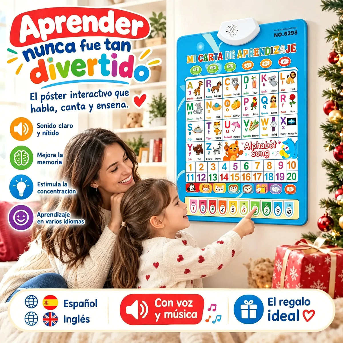 🔊 Lámina Educativa Parlante Bilingüe Español-Inglés | Abecedario con Sonido 26/27 Letras | Set de Regalo de Lujo para Niños 🎁