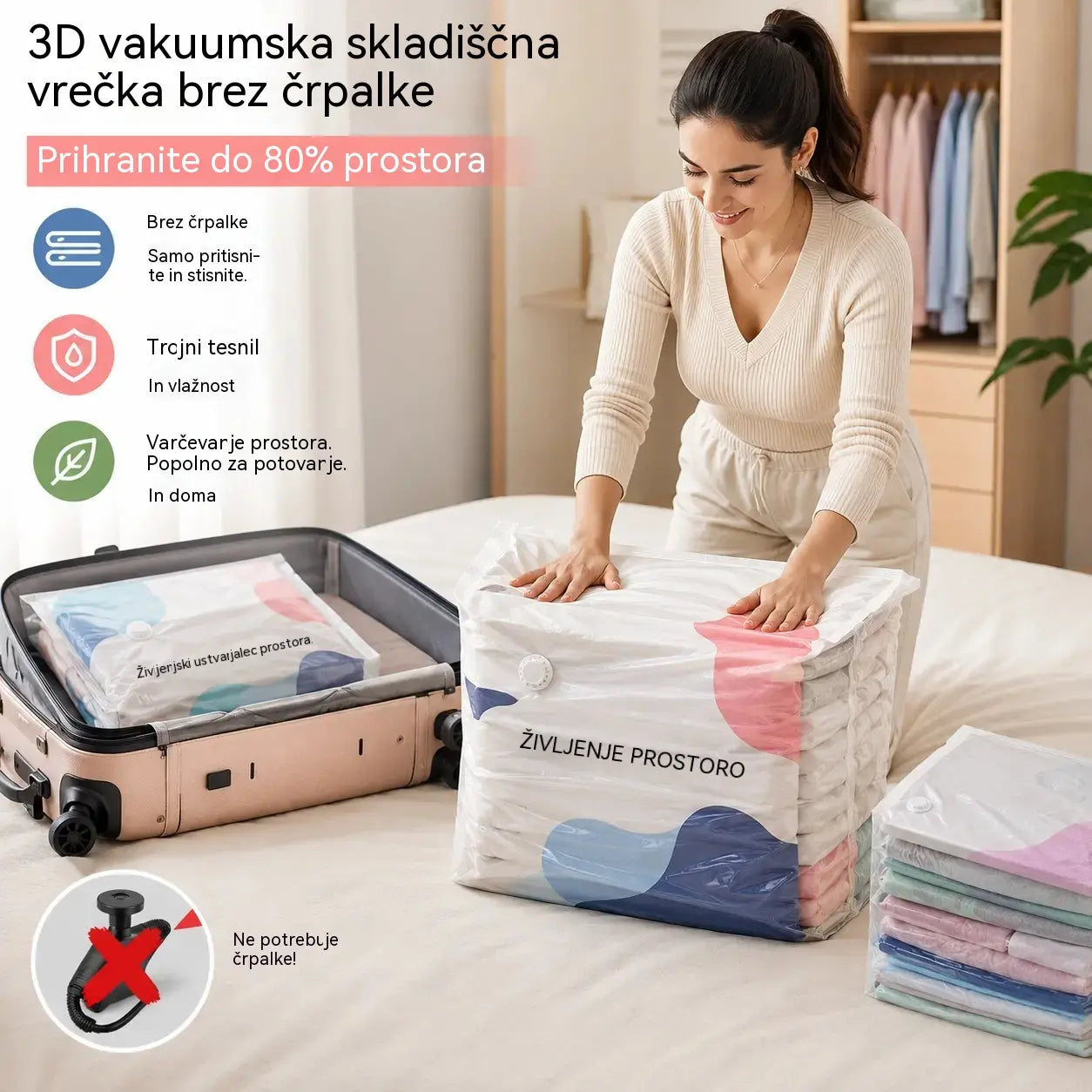 🧳【5-delni komplet】💨 Velika, stisljiva vakuumska vrečka za shranjevanje: črpalka ni potrebna, neprepustna in idealna za prihranek prostora v kovčkih in doma ✈️