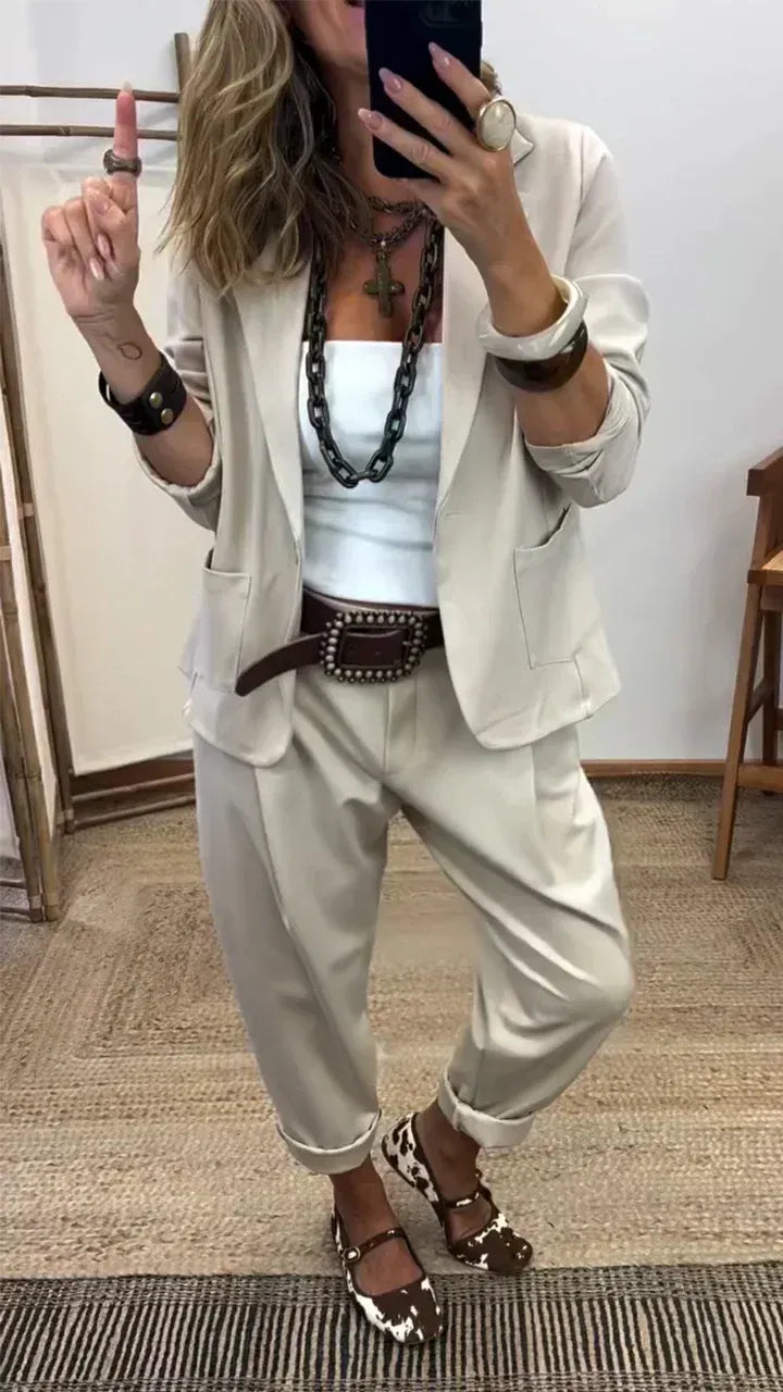 💎50% de descuento por tiempo limitado💎Conjunto de chaqueta y pantalón para mujer con solapas - Corte ajustado, tejido suave👖✨【40-100 kg】