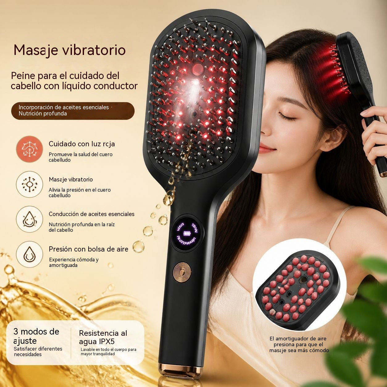 ✨ Peine masajeador capilar con spray, luz roja y aplicador de aceites esenciales