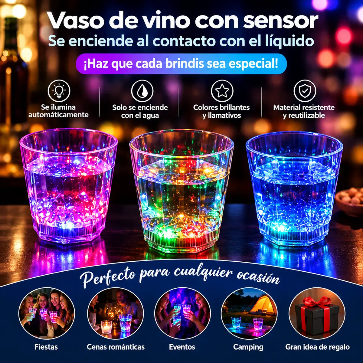 ✨💎Juego de vasos de cristal con luz LED activada por líquido🥂
