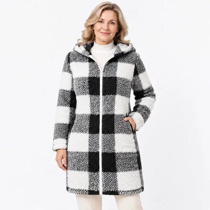 ✨【S-3XL】Ženska dolga, obojestranska jopa/plašč na zadrgo – umetno krzno in karirast vzorec (jesen/zima)