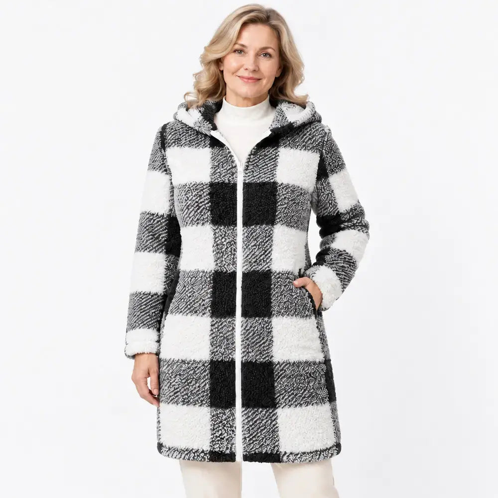 ✨【S-3XL】Ženska dolga, obojestranska jopa/plašč na zadrgo – umetno krzno in karirast vzorec (jesen/zima)