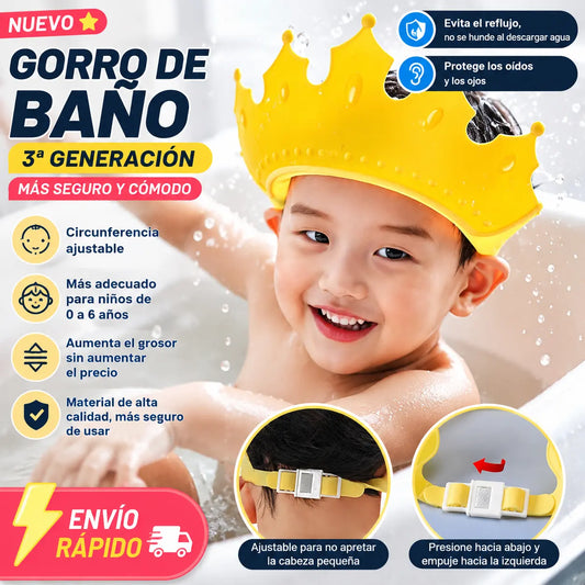 🔥【compre uno y llévese otro gratis】【2 piezas 24 euros】🛁 Gorro de baño impermeable para bebés – PP + TPE – Ajustable – Diseño de corona de dibujos animados – Amarillo/Azul/Rojo – Protege los ojos y los oídos del agua 👶