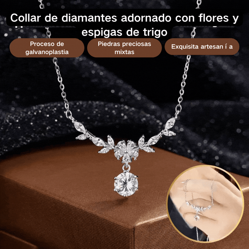 Collar de plata con diamantes y una flor.