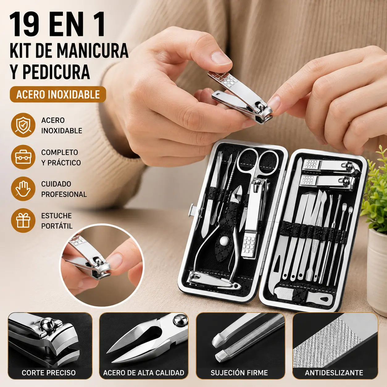 [Set de 19 piezas] Juego de cortaúñas superventas: herramientas profesionales de manicura y pedicura con diseño antisalpicaduras.