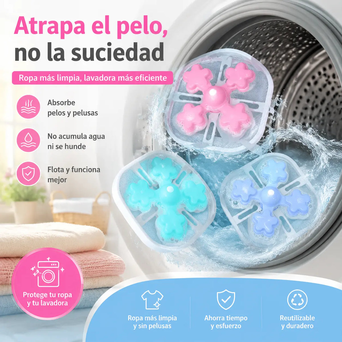 🌀【6 piezas】Filtro Flotante para Lavadora – Atrapa Pelusas, Cabellos y Pelos de Mascota en Cada Lavado 🧺