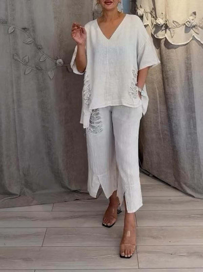 【Pantalones + Top】2026 Traje de dos piezas de lino y algodón con cuello en V para mujer