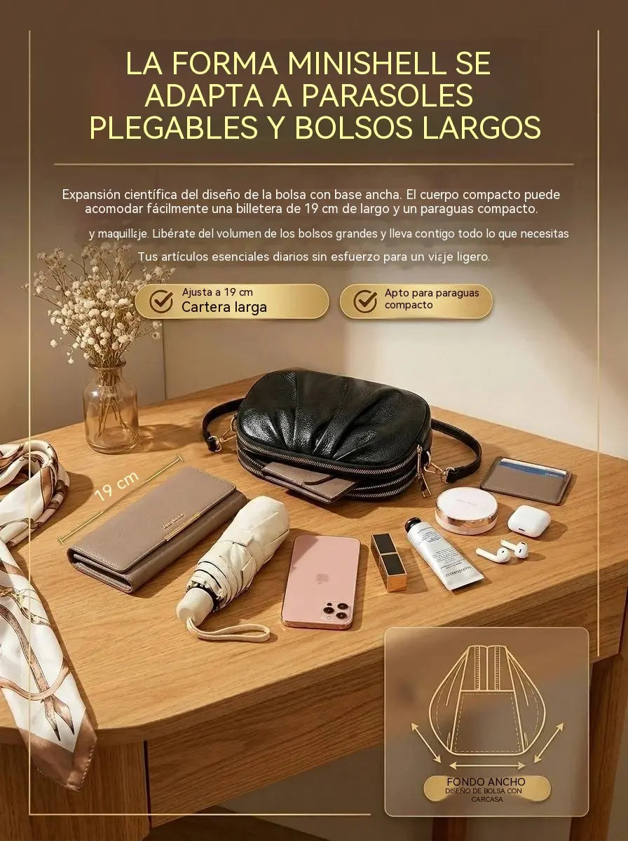 ✨🎀Bolso bandolera de piel con varios compartimentos y forma de concha