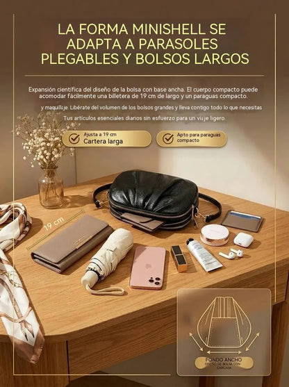✨🎀Bolso bandolera de piel con varios compartimentos y forma de concha