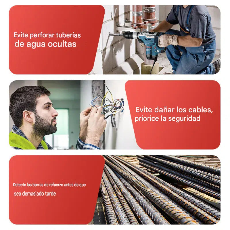 Detector multifuncional de metal, madera y cables; localiza de forma segura y precisa tuberías y cables ocultos.