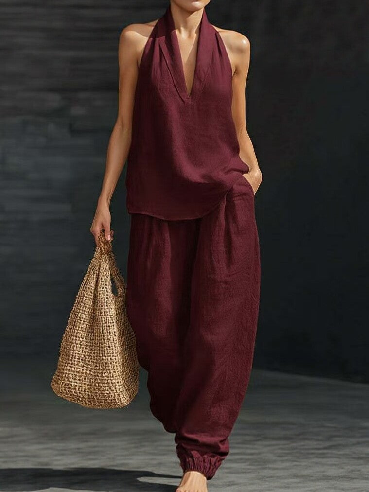 30%OFF【S-5XL】💥Conjunto casual para mujer, top con cuello en V + pantalón de pierna ancha