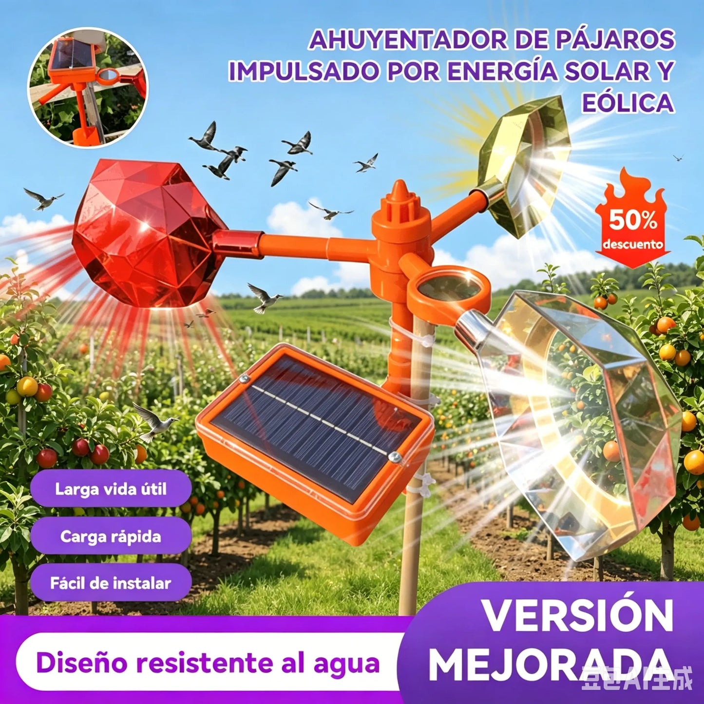 Nuevo ahuyentador de pájaros con voz ajustable, alimentado por energía solar y eólica, mejorado