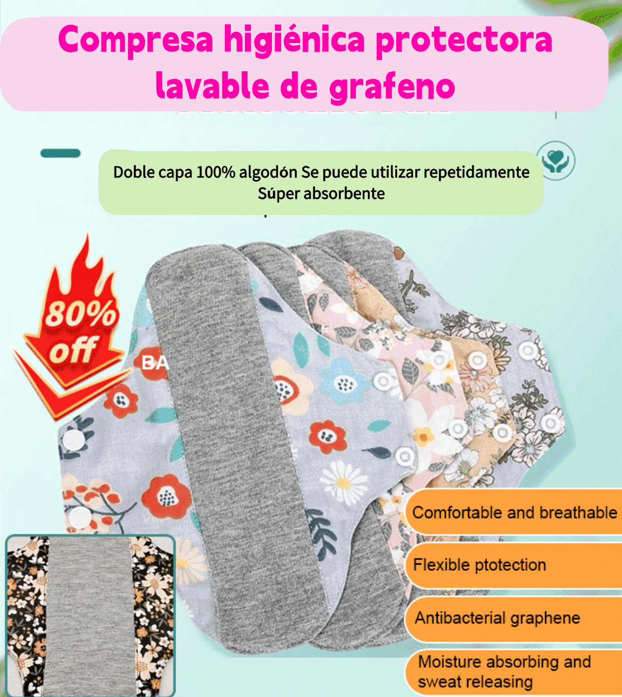 【5 piezas】Almohadilla antibacteriana de algodón y grafeno lavable